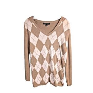 Tommy Hilfiger Womens V-Neck Top Long Sleeve Sweater Sz Large Tan White Argyle
